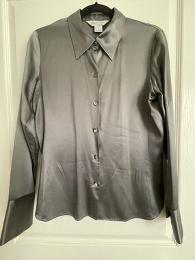 Brooks Brothers Gray 100% Silk Button-Up Collar Blouse Women Size 8 Minimalist
